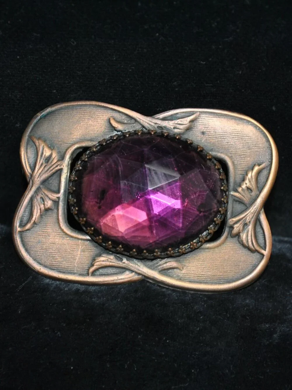 Antique Art Nouveau Sash Pin / Brooch with Foil Back Amethyst Glass